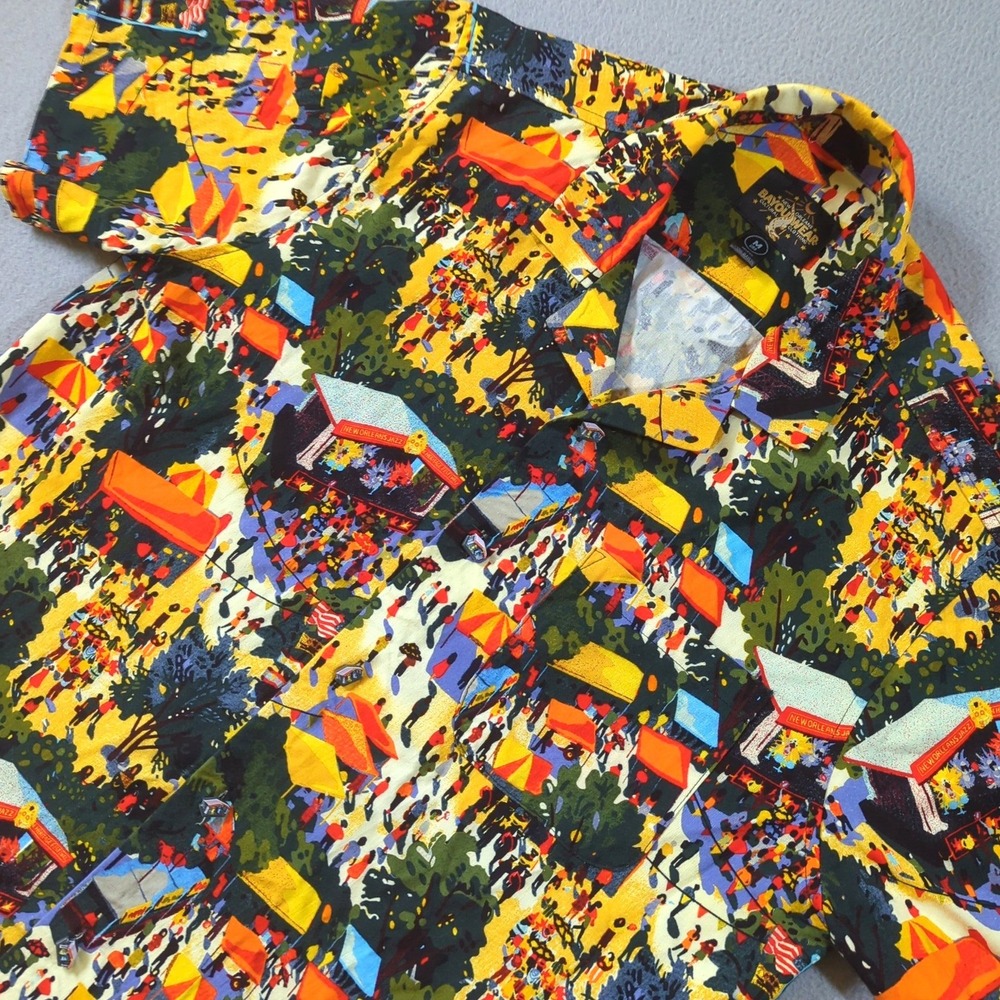 Bayouwear New Orleans Jazz Festival Rayon Shirt Mens Medium InTents A Fair Print